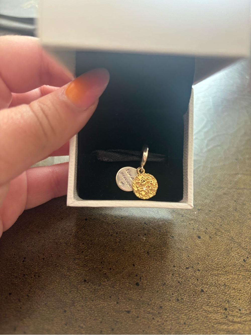 Pandora two tone Daisy double dangle charm with you are precious engraving